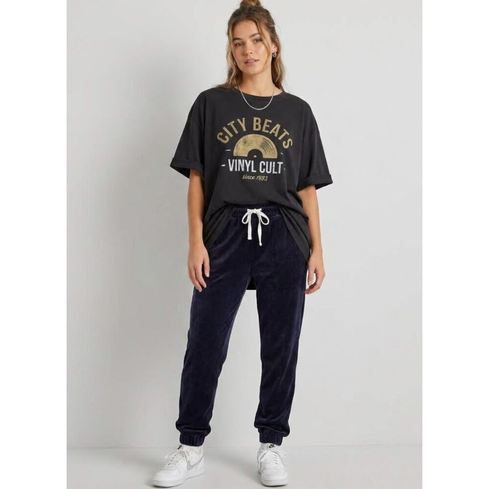 Studio Tomboy Velvet Jogger Drawstring Pants Navy Blue Women's Size Large